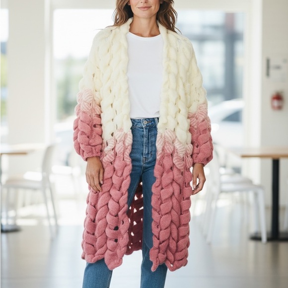 Sweaters - Pink & Cream Hand Knit Sweater